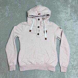 Wanakome Hestia Hoodie Womens M Light Pink Button Neck Vegan Leather Patch Cozy